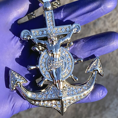 Mens Huge Large Mariners Cross Jesus Anchor Cuban Hip Hop Chain Silver Tone 30"