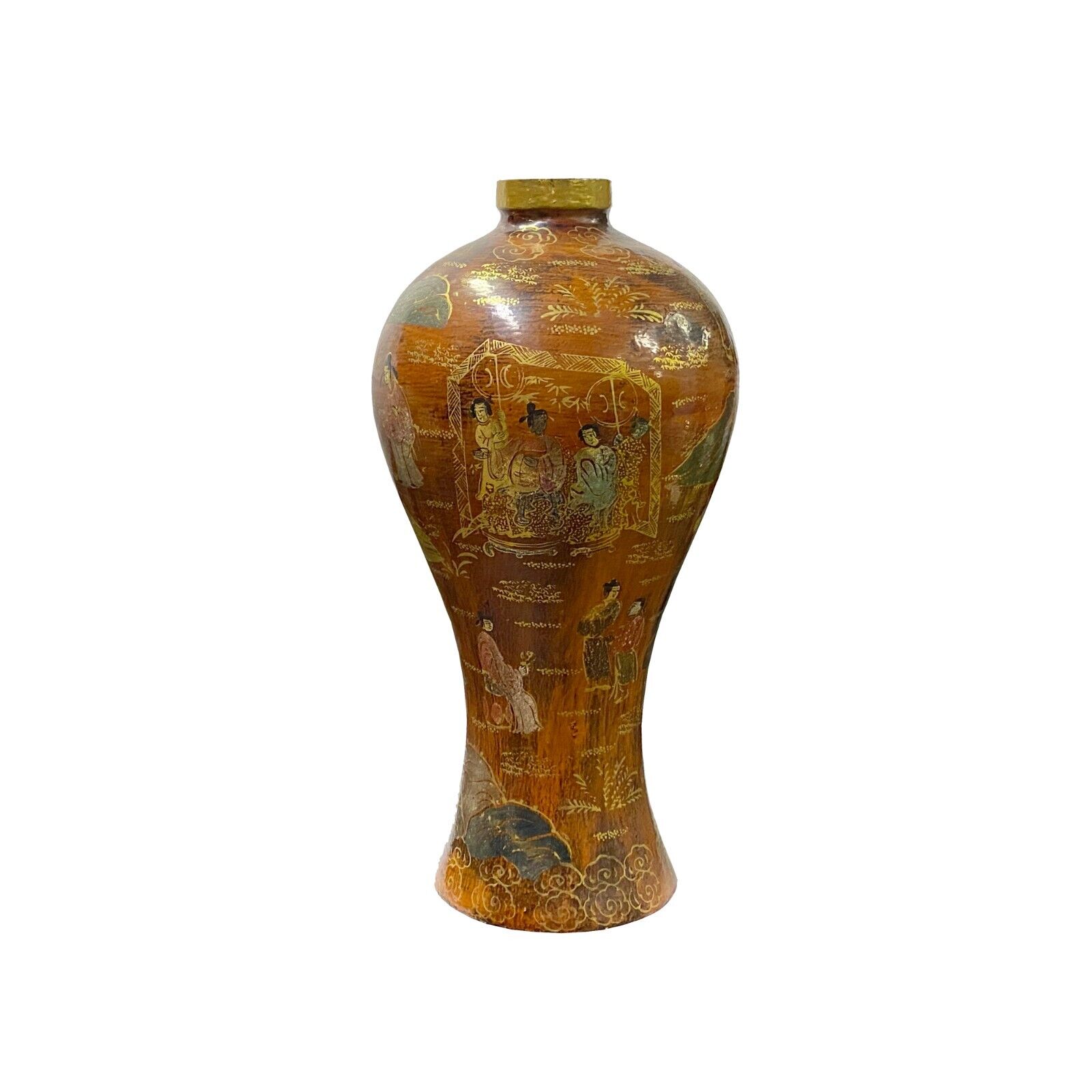 Chinoiseries Golden Graphic Brown Lacquer Vase Jar Shape Display ws3351S Chinoiseries Golden Graphic Brown Lacquer Vase Jar Shape Display ws3351S