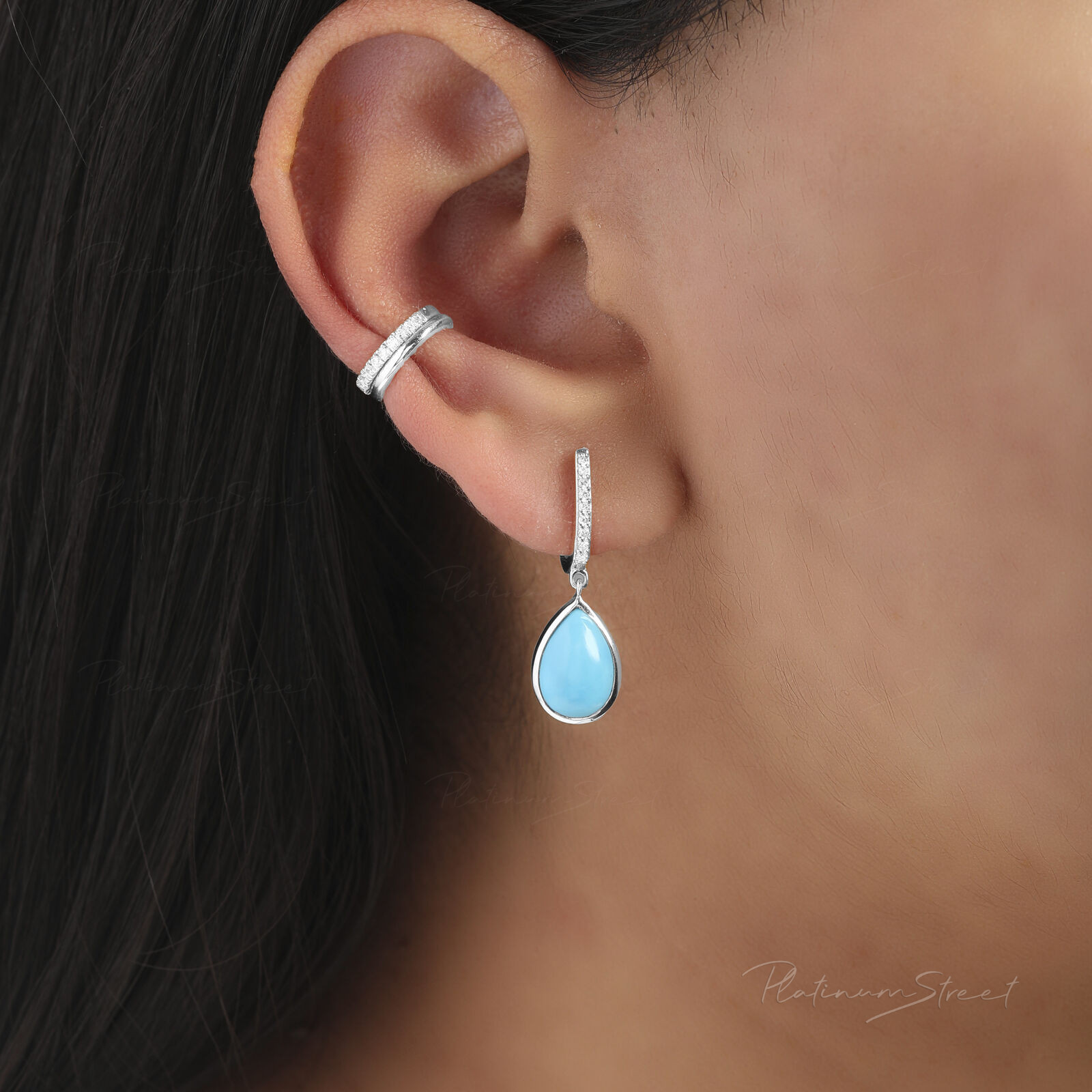950 Platinum Genuine Diamond-Turquoise Gemstone Drop Hoop Earrings Fine Jewelry