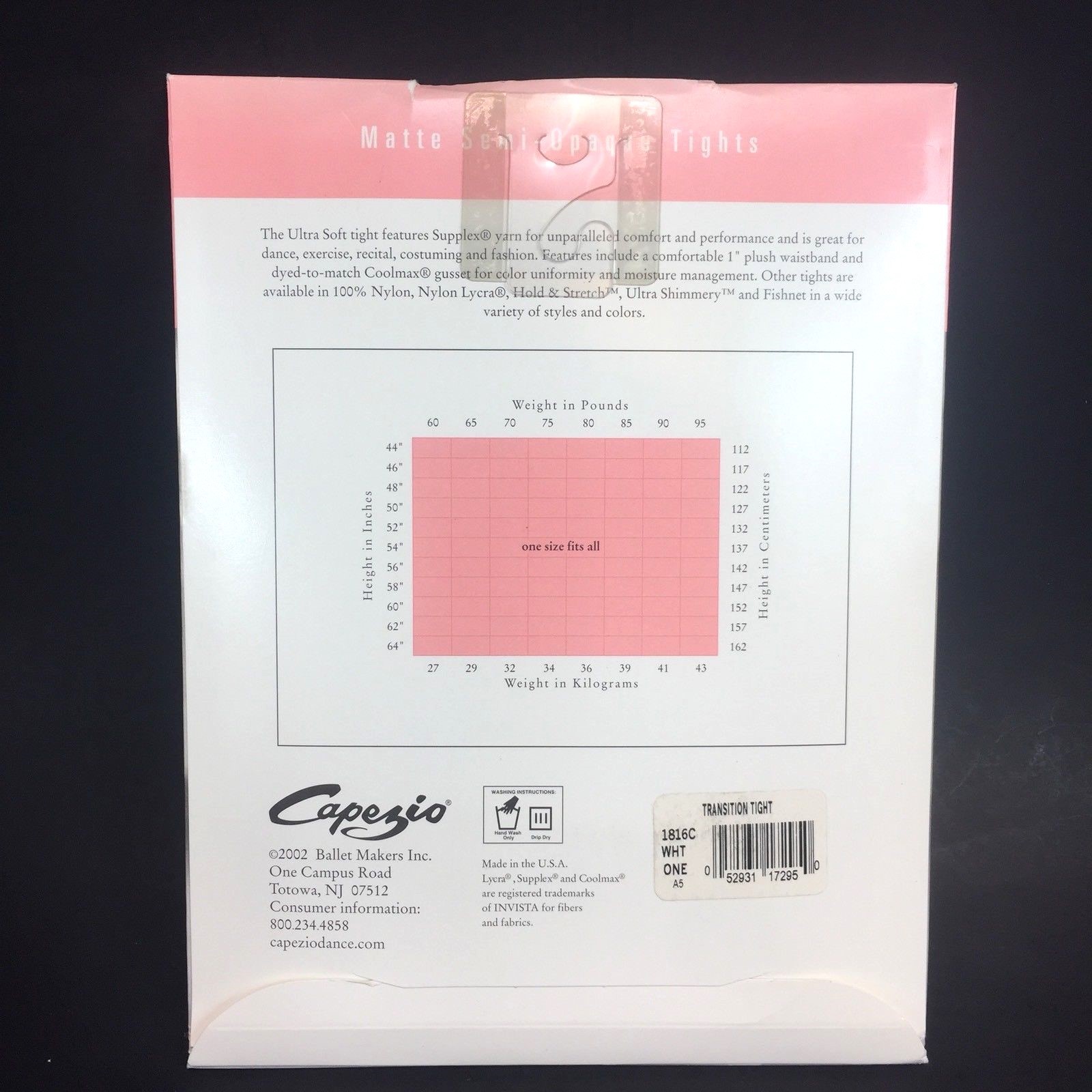 Capezio Transition Tight White One Size Fits All 60-95 lbs 44-64