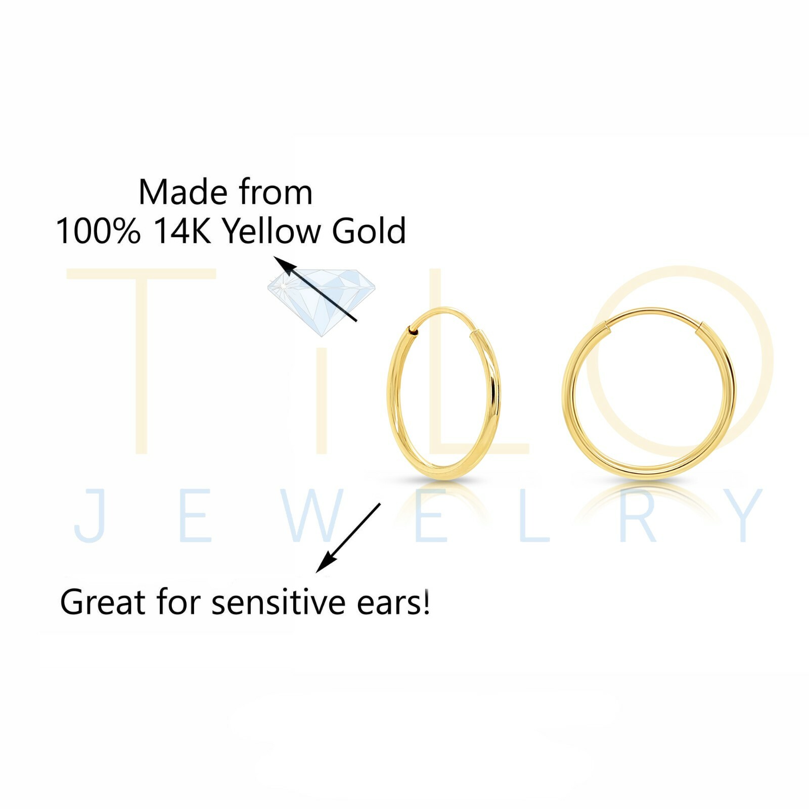 14K Real Solid Yellow Gold Round Endless Hoop Earrings 1mm Tube Hoops Ear Rings