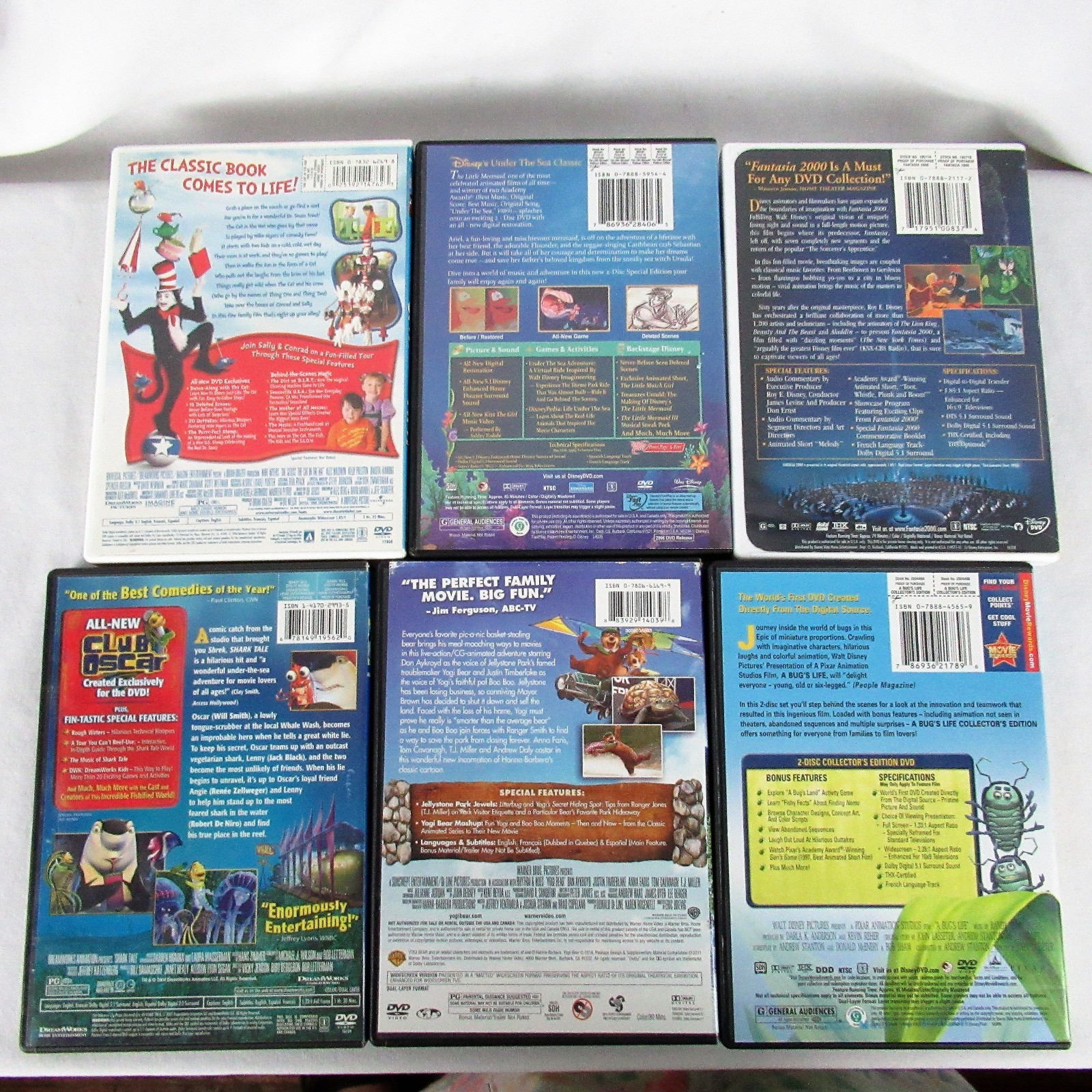 DVD Lot 6 Bugs Yogi Shark Tale Fantasia 2000 Mermaid Cat Hat