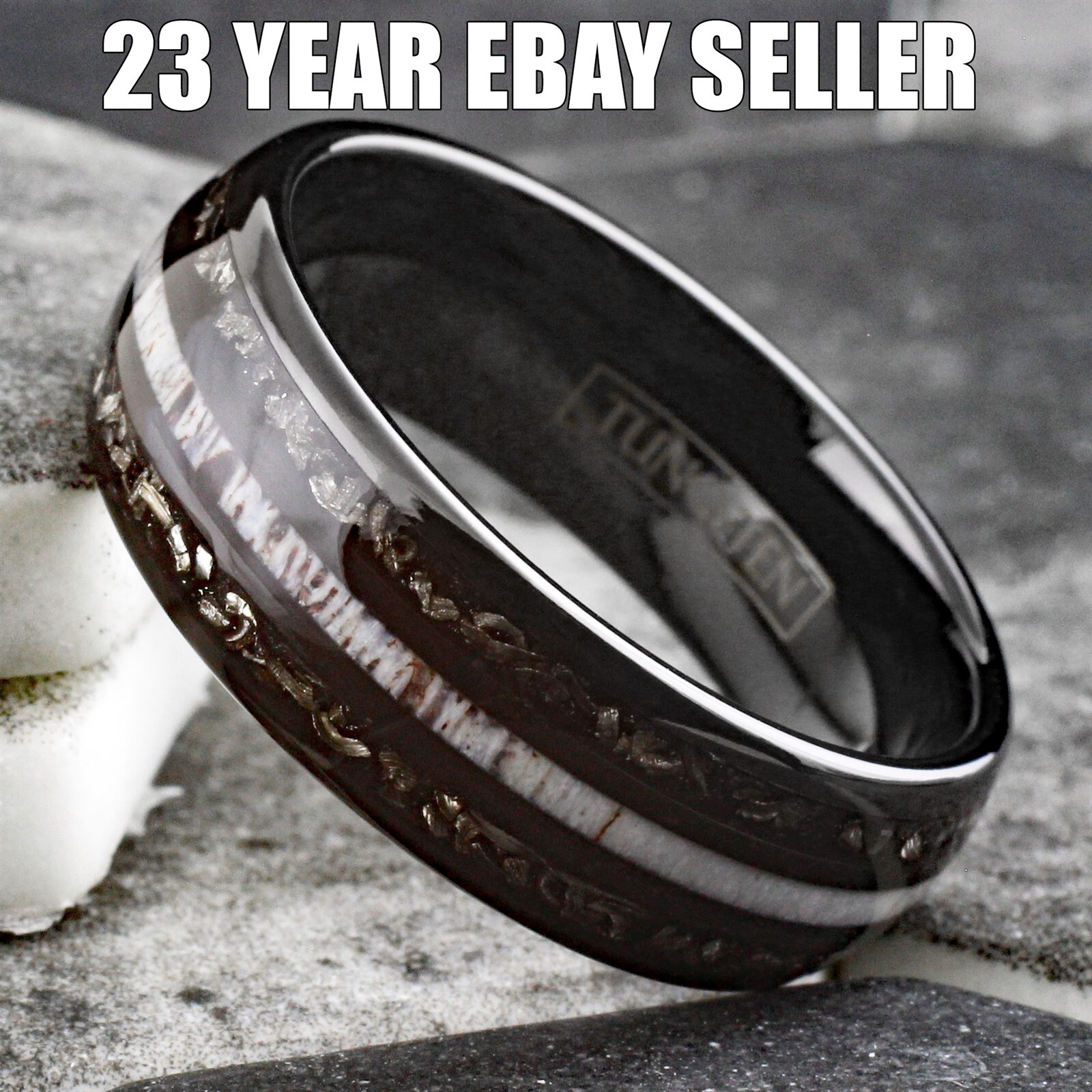 Black Tungsten Carbide Men's Ring w/ Deer Antler & Meteorite Wedding Band