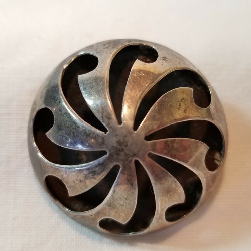 Taxco Mexico Sterling Silver Puffy Circle Cut Out Swirl Design Brooch Pendant