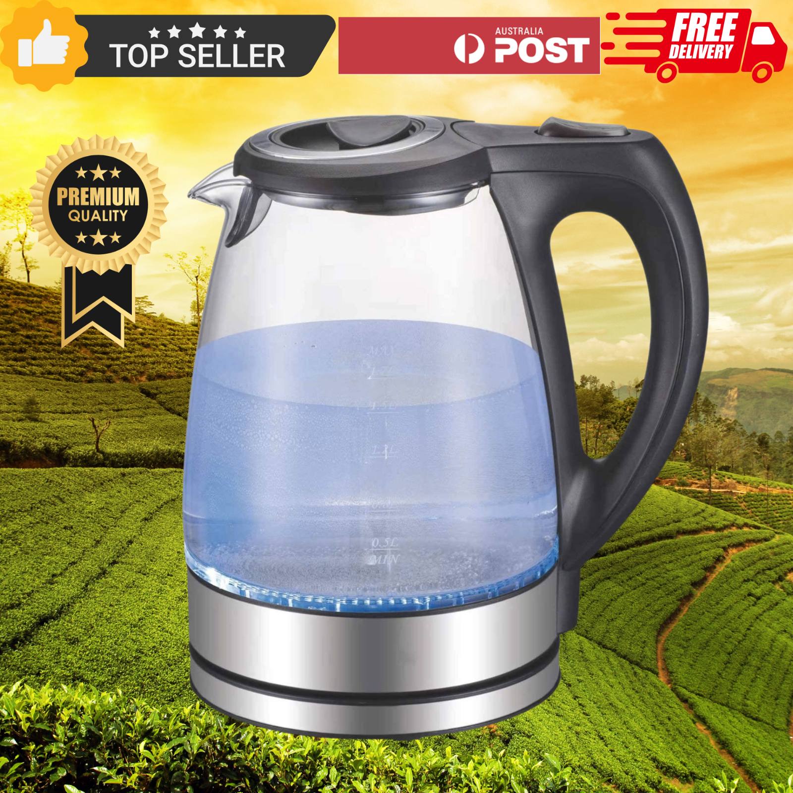 Glass Electric Kettle 2L Hot Water Boiler Fast Boiling LED Lights Auto Shut-Off