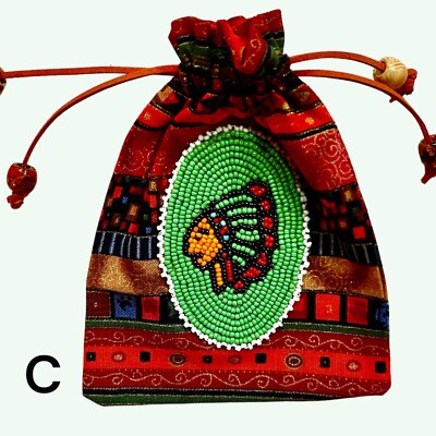 Native American Indian-Style Medicine Bags Beaded Chief Leather Drawstring