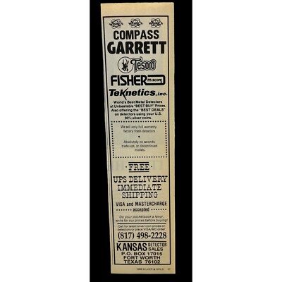 Kansas Metal Detector Sales Vtg Print Ad 80s Tesoro Garrett Teknetics Fort Worth