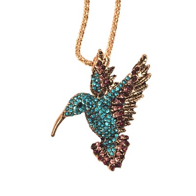 Betsy Johnson Hummingbird Necklace Brooch Teal Rhinestones Bird Gold Popcorn NWT