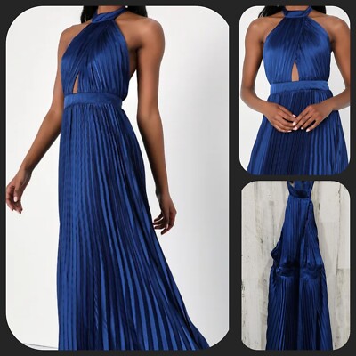 LULUS Midnight Moves Navy Blue Pleated Satin Cutout Halter Maxi Dress Size XL