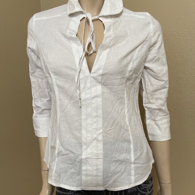Women s White Cotton Casual Glitter Tie 3/4 Sleeve Size L Blouse Top Shirt