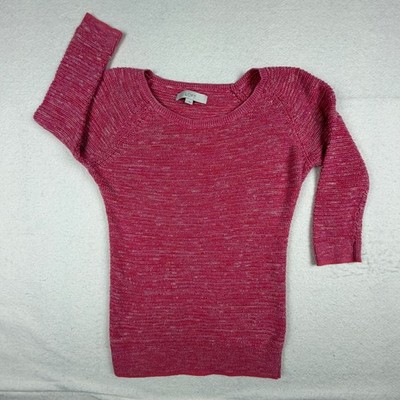LOFT Ann Taylor Pink Marled Knit Sweater Womens S 3/4 Sleeve Scoop Neck Cotton