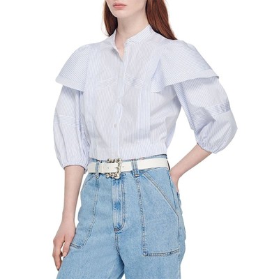 Sandro Yzeure Cotton Striped Ruffled Cropped Shirt Blanc/Blue Size 3 US Large