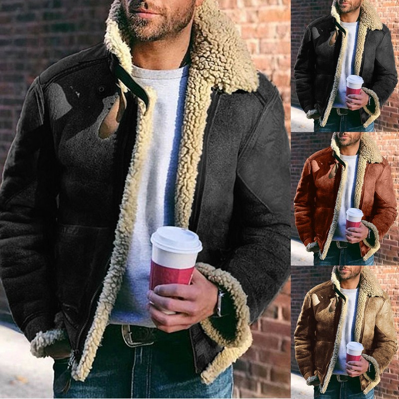 Men's Jacket Warm Fur Collar Fleece Lined Casual Bomber Coat Winter Thick Coat1