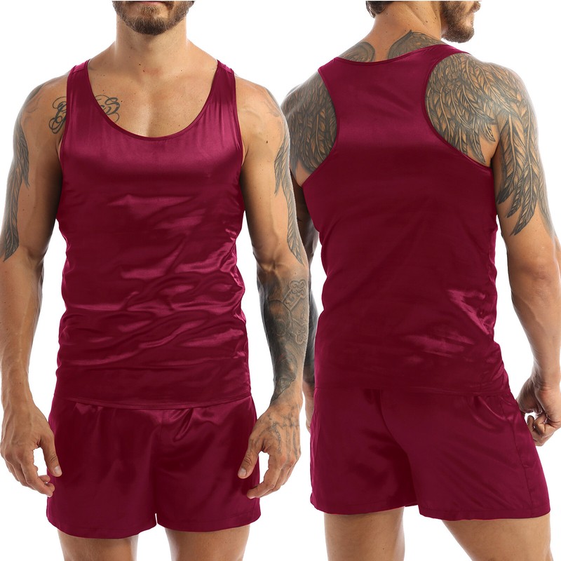 Mens Satin Pajamas Soft Tank Top Shorts Pajamas Pyjamas Sleepwear Set