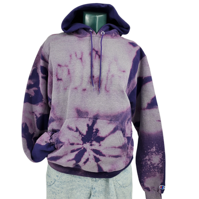 Custom Bleached Tie Dye Champion Hooded Sweatshirt Hoodie Purple Size S 1403