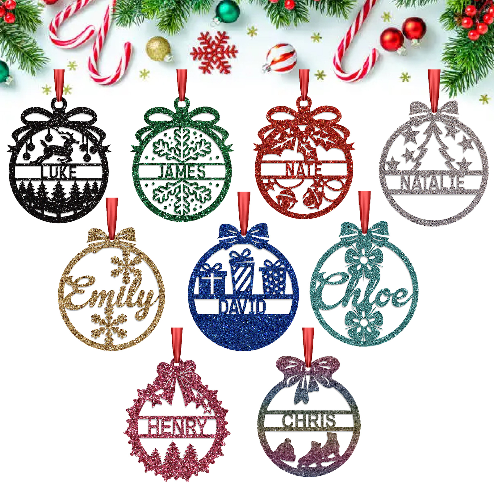 Personalised Christmas Bauble Tree Decoration Family Xmas Gift Ornament Glitter