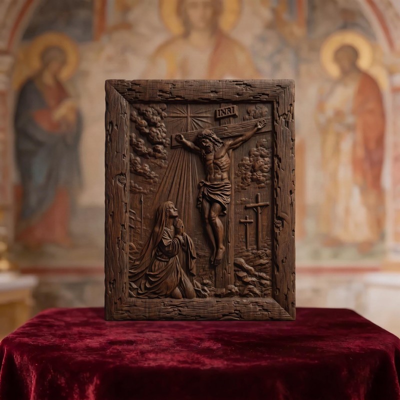 Mother Mary Under the Cross Wooden Carved Handmade Christian Icon Home Decor