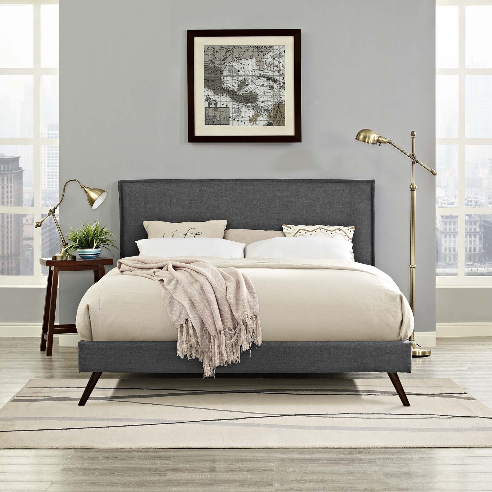 Upholstered Fabric King Size Platform Bed Frame With Wood ...