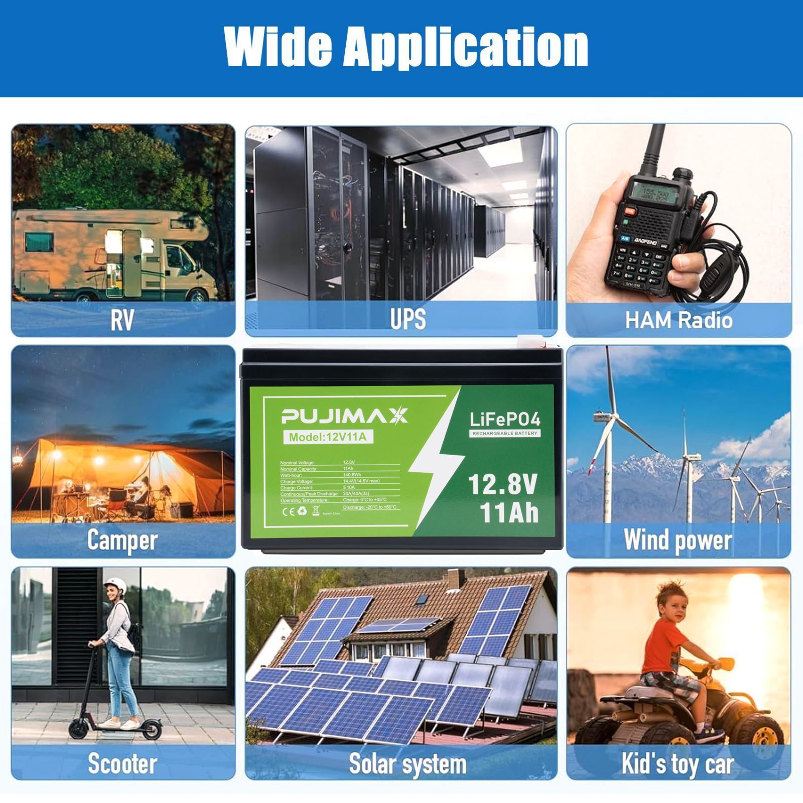 NEW LiFePO4 Rechargeable Battery 12V 9Ah PUJIMAX Solar System Deep Cycle Battery