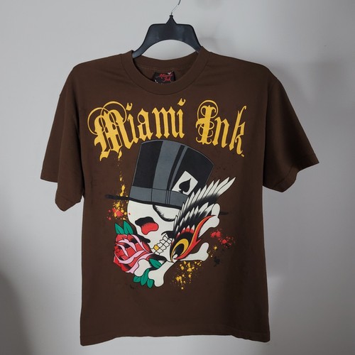 Vintage Miami Ink Shirt Men Large Brown Skull Wings Bones