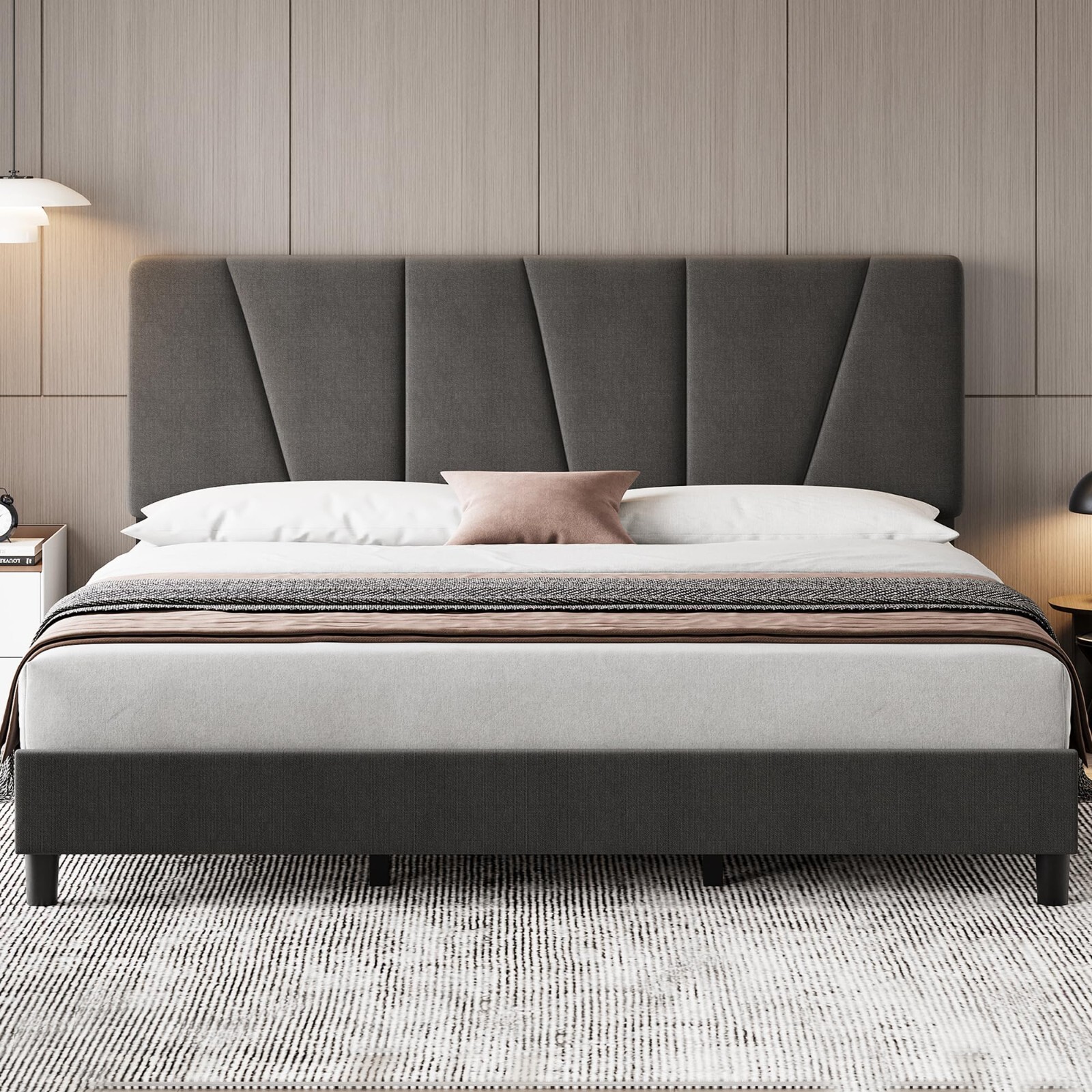 Twin Full Queen King Size Bed Frame Adjustable Upholstered Platform Headboard