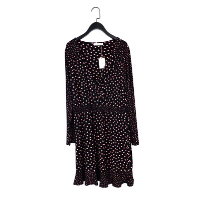 Oasis Black Pink Heart Printed Long Sleeve Tea Dress - Size L 16 18 NEW