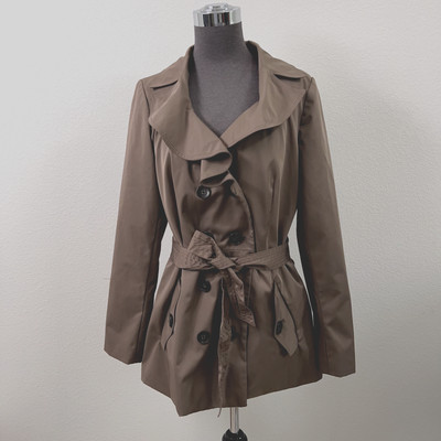 Sandro Studio Jacket Women Medium Taupe Brown Double Breasted Tie Waist