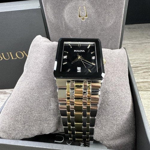 Pre-owned Bulova New✅  Quadra Diamond Date Black Dial Rectangle Two Tone Men's Watch 98d153