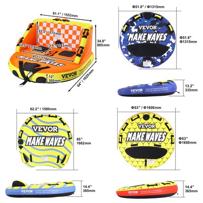 VEVOR Inflatable Towable Tube for Boating 1-2/1-3 Rider 51.8/63 inch Water Sport