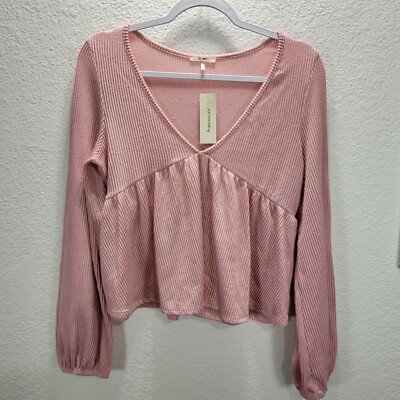 Mi Ami Francesca's Long Sleeve V-Neck Top Sz Large Pink Ribbed Knit Peplum Hem