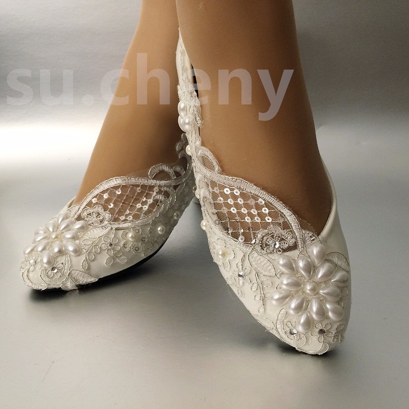 Lace Wedding Shoes Pearls Bridal shoes High Low Heels flat shoes pump size 5-12