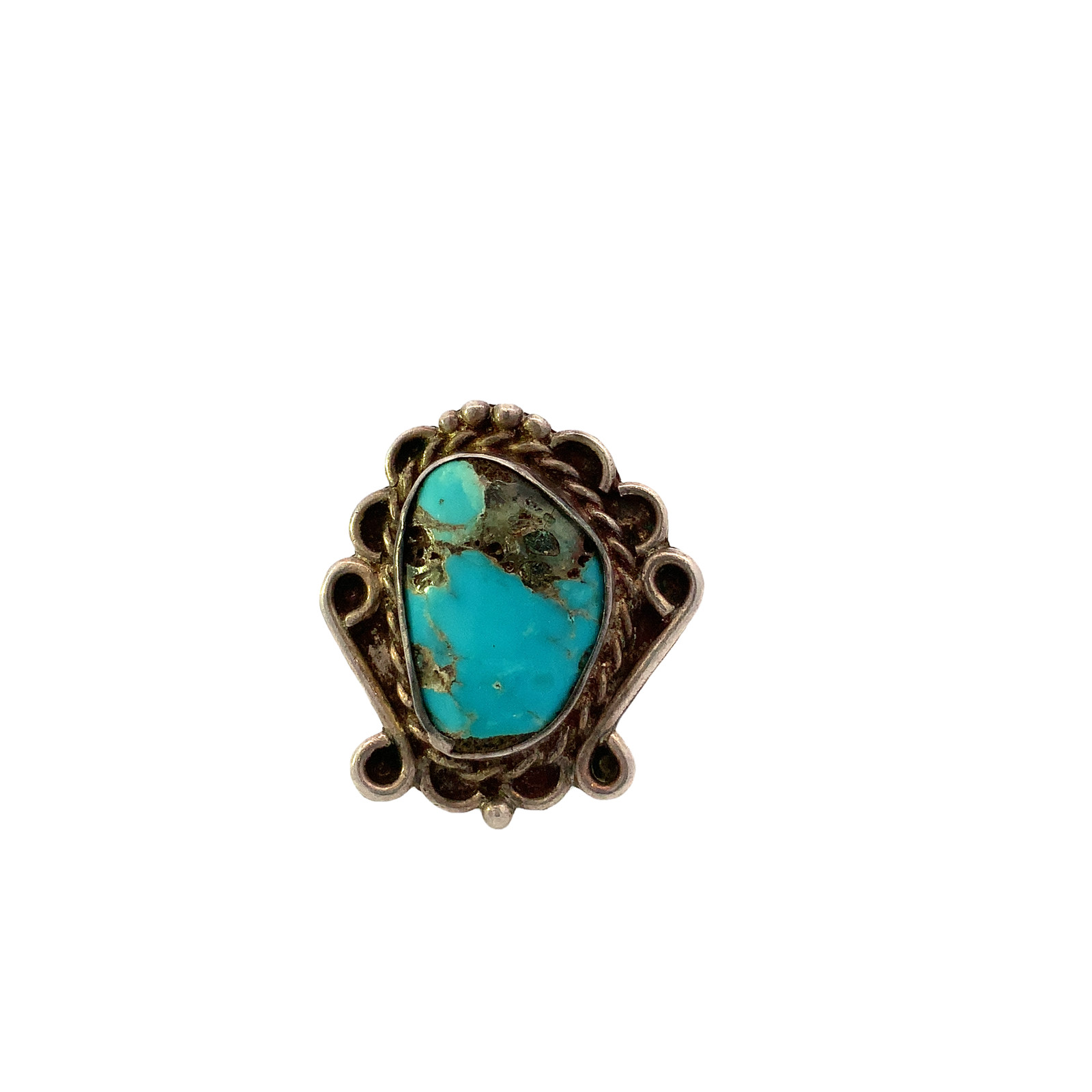 Vtg Sterling Silver Native American Navajo Bisbee Turquoise Cabochon Ornate Ring
