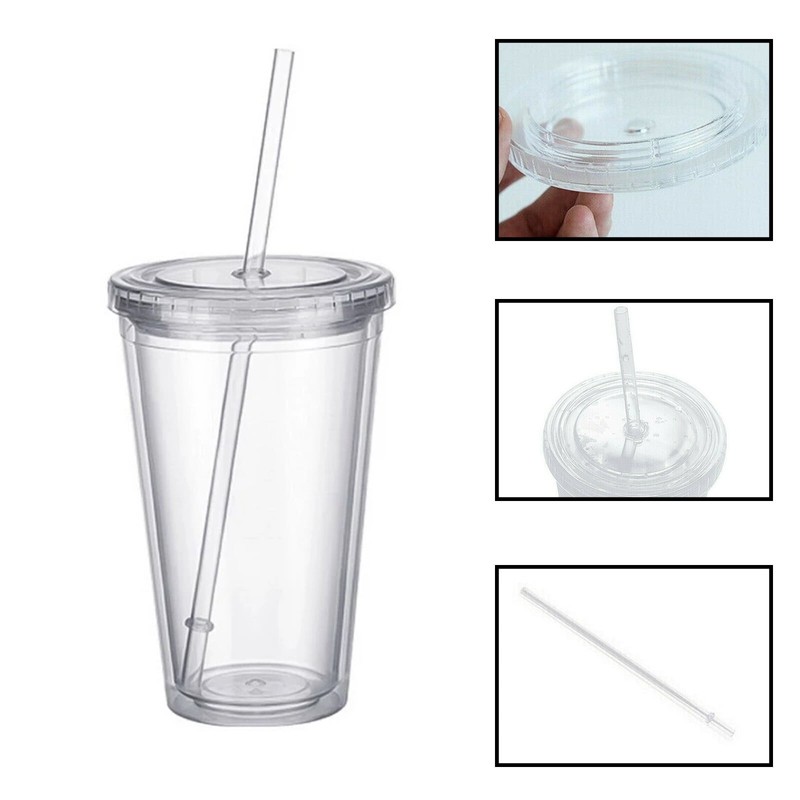 500ml Plastic Water Bottle With Straw Cup Double Wall Transparent Cold Drink Cup