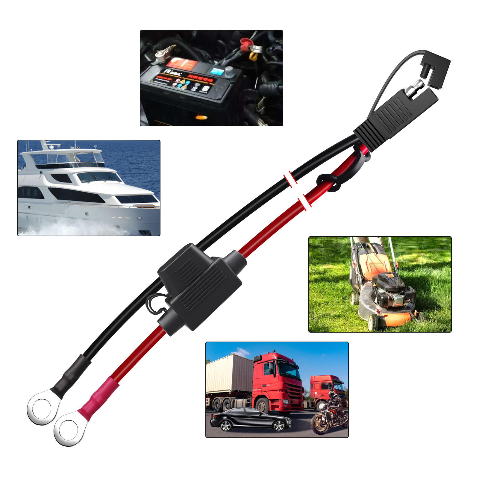 SAE Connector to O Ring Terminal Extension Cable 10AWG Harness with Fuse 60cm/1M