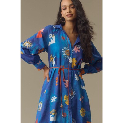 Pre-owned Anthropologie La Maise Studio Sz L Long-sleeve Tie Waist Maxi Dress In Blue