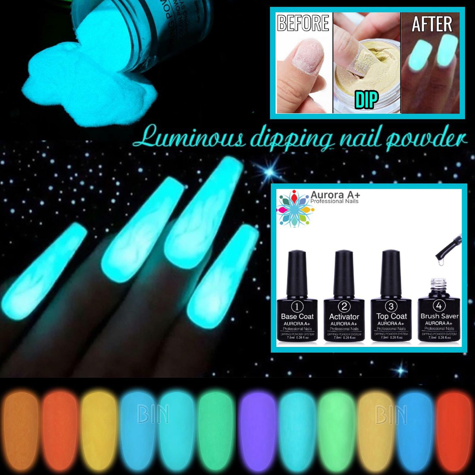 GLOW IN THE DARK DIPPING LUMINOUS NAIL POWDER Dip 12 COLOURS PIGMENT