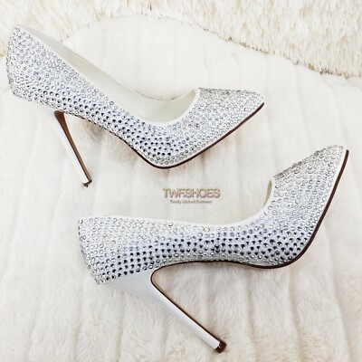 Amuse 20 RS Ivory Satin Pointy Toe Rhinestone Pump Shoe 5'' Heel  Size 9 - 11 NY