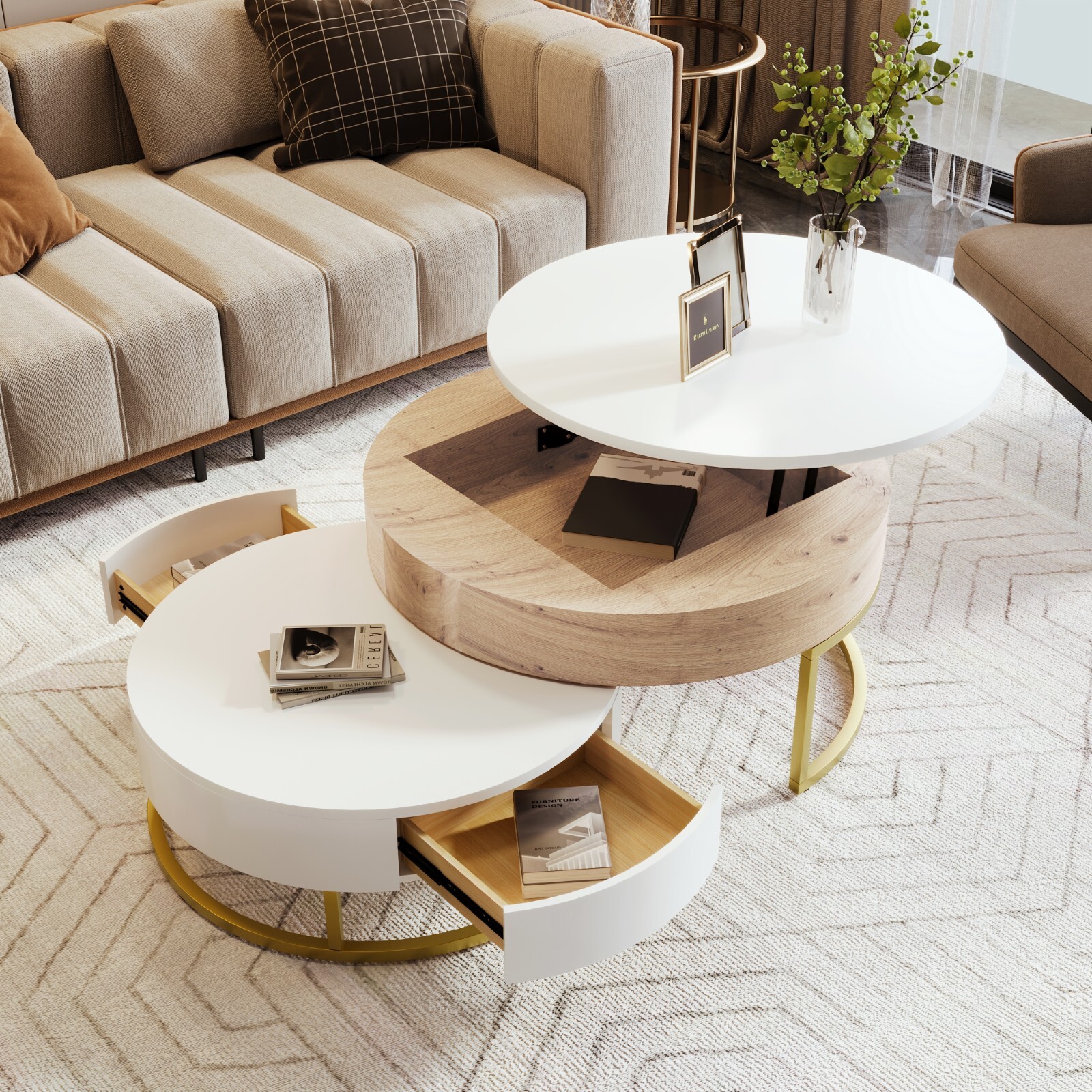 その他 IDEE SILT TABLE 1200 Natural Round Nesting Tables | Monet Metal Side Table Set – Simpli Home