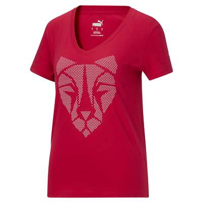 

Puma Cat Print Graphic V-образным вырезом Футболка с коротким рукавом Женские красные повседневные топы 586120, Красный