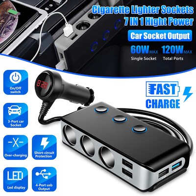 120W 3-Socket Cigarette Lighter Splitter 4-USB Car Charger Outlet Power Adapter