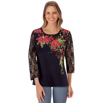 Sparkling Sequin Accented Poinsettia with Lace Sleeves Top