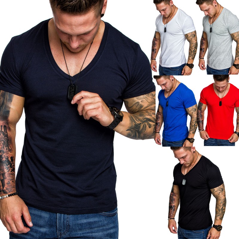 Oversize Herren Slim-Fit Long-Tee V-Neck Basic T-Shirt V-Ausschnitt 1-0006