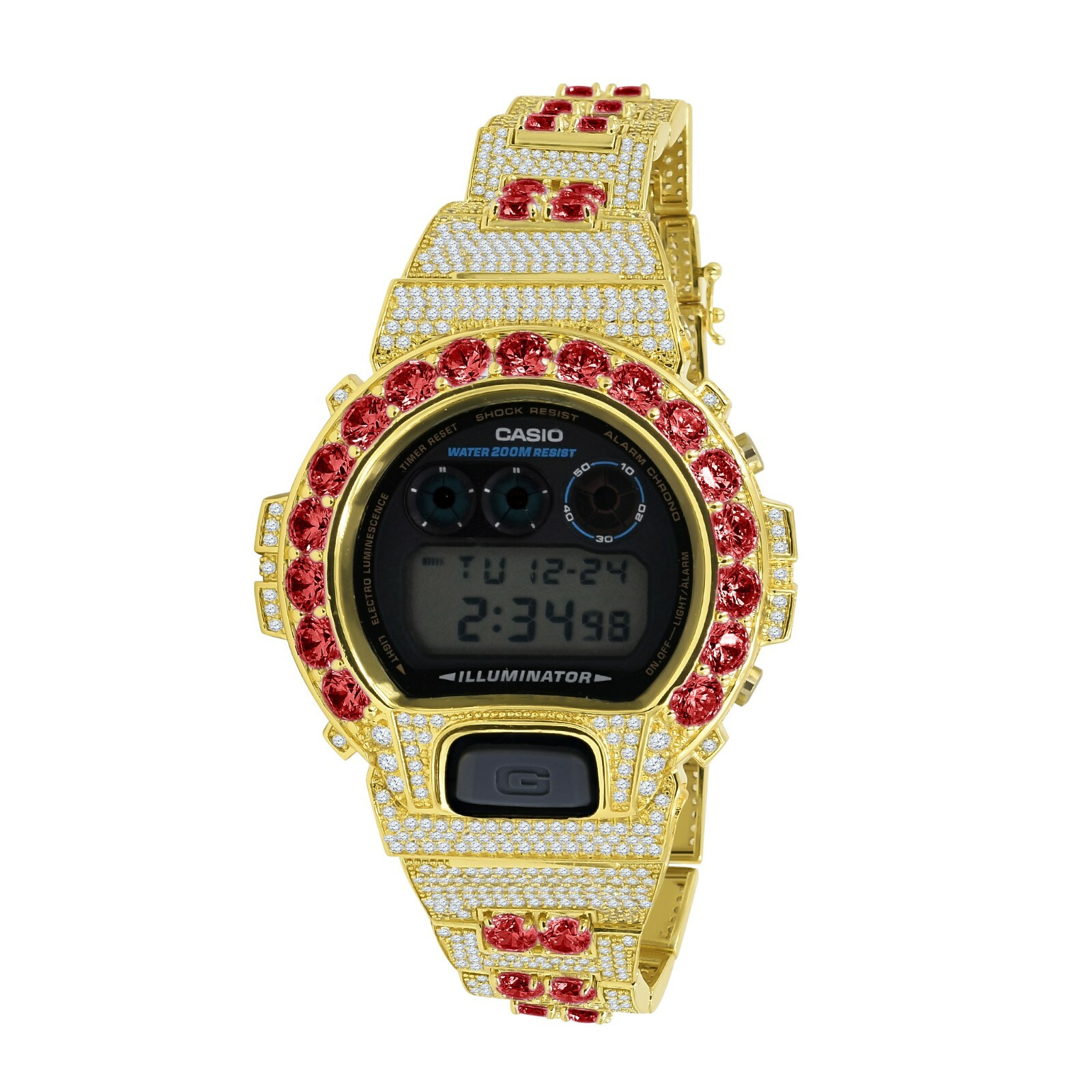 Pre-owned G-shock Ruby Red Solitaire Custom Authentic Casio  Dw 6900 Yellow Gold Tone Watch