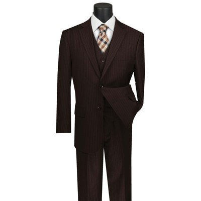 VINCI Men's Brown Pinstripe 3 Piece 2 Button Classic Fit Suit - NEW