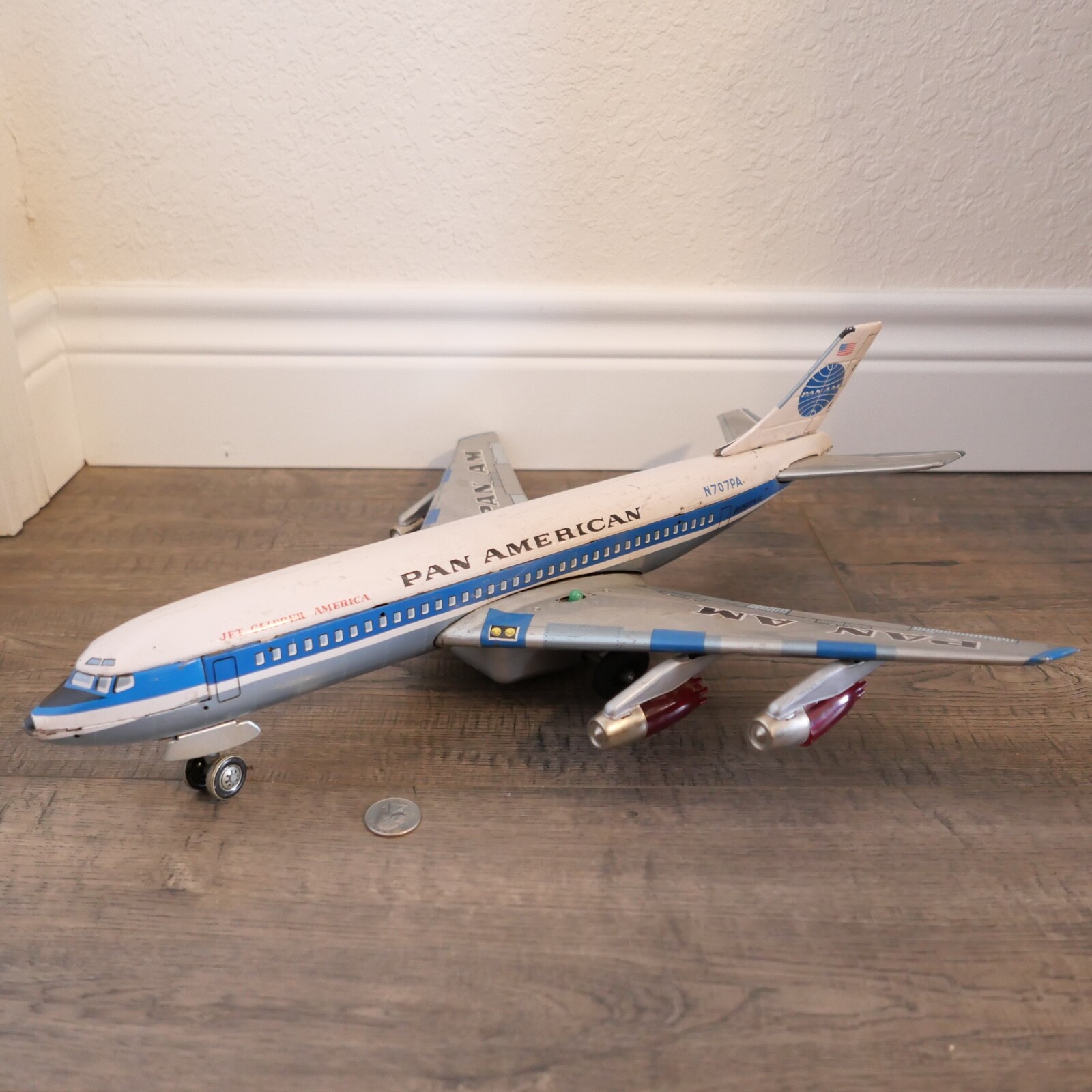 Vtg. Line Mar Tin Battery Op Pan Am Boeing 707 Jet Clipper
