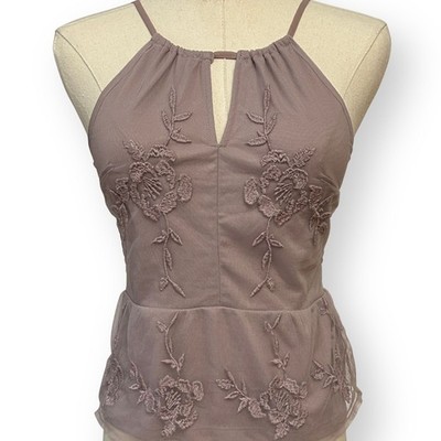 AE American Eagle Babydoll Top Sz S Lavender Embroidered Flowers Mesh Lace
