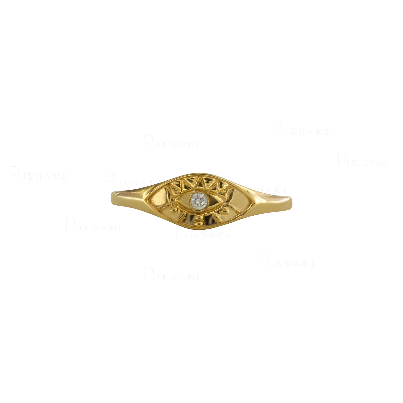14K Gold 0.02 Ct. Lab-Created Diamond Evil Eye Signet Delicate Ring Fine Jewelry