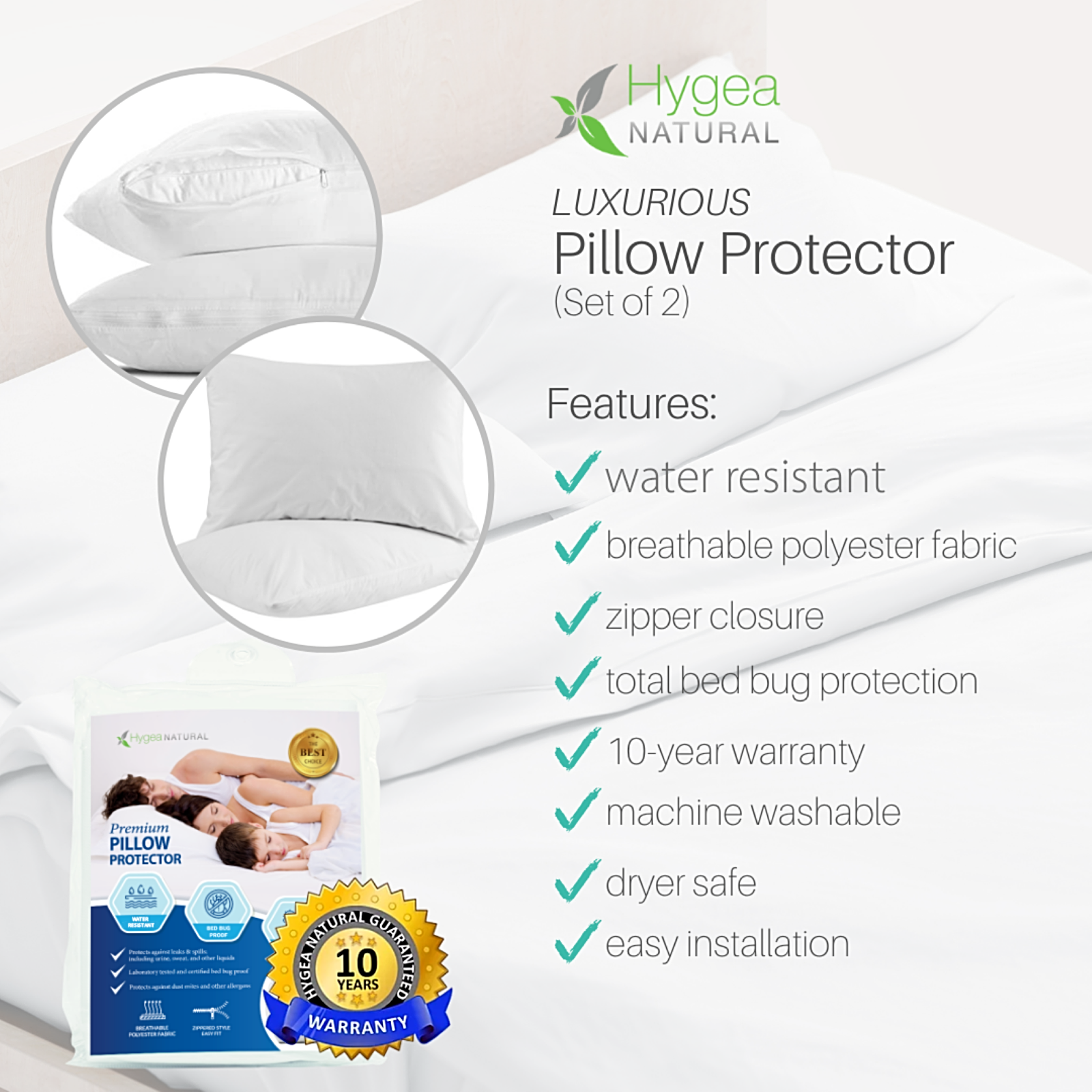 Hygea Natural King size Pillow Protectors, Bed Bug proof pillow covers, 2 Pack