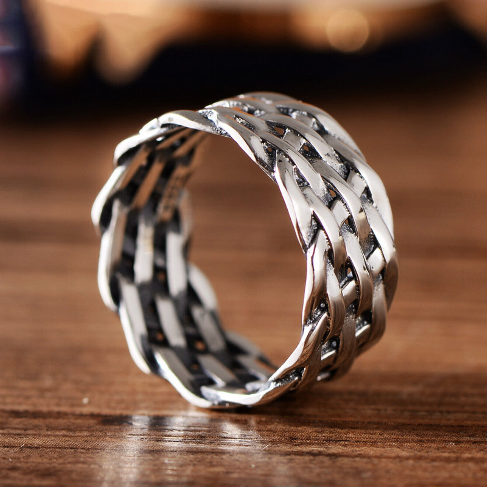 Solid 925 Sterling Silver Band Men Lucky Retro 10mm Braided Ring