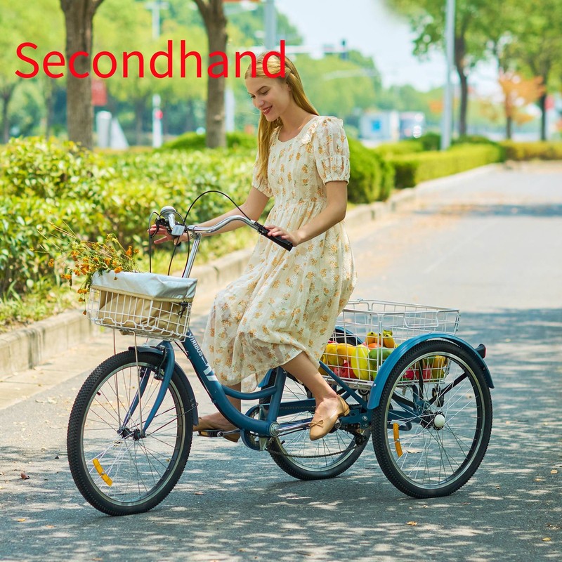 Secondhand 24 Inch Tricycle w/ Flexible Seating & 2 Baskets 7 Speeds Matte Blue